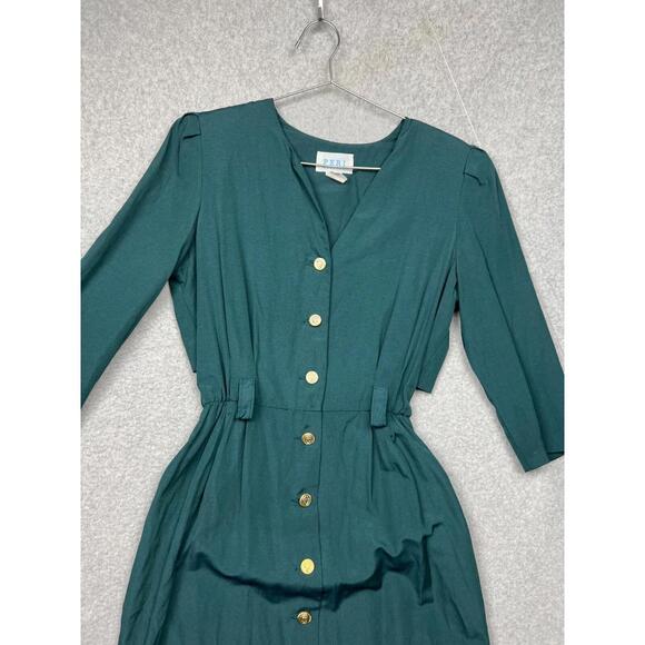 Vintage Peri Button Up Midi Dress Womens Petites 12 Gold Button Green Minimalist - Picture 3 of 14